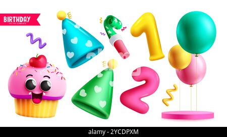 Birthday elements vector set design. Birthday party element like cup cake, party hat, whistle and balloons celebration decoration. Vector illustration Stock Vector