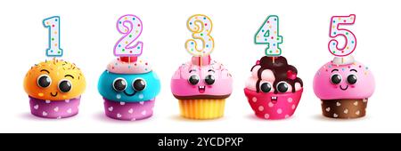 Birthday cupcake set vector design. Birthday cup cake and muffins in yummy and colorful decoration with numbers topper. Vector illustration Stock Vector