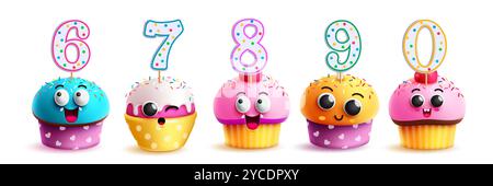 Birthday cupcake set vector design. Cup cake and muffin cartoon characters collection with party number topper decoration. Vector illustration Stock Vector