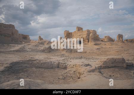 Ruined Buildings and Structures in Ancient Silk Road City in Chinese Desert. Jiaohe Ruins in Turpan, Xinjiang, China. No People. Earthen Homes with En Stock Photo