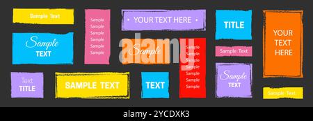 Text box frame brush rough crayon shape set. Text box frame rough grunge square paint shape element. Hand drawn crayon grunge brush rectangle border. Vector illustration Stock Vector