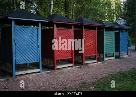 Colorful outdoor changing shelters in row Stock Photo