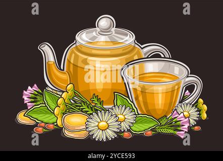 Vector logo for Herbal Tea Drink, horizontal poster with cartoon design botanical tea composition, decorative card with medicinal herbal tea in glass Stock Vector