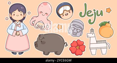 Jeju island kawaii stickers set isolated on background. Contemporary vector cartoon illustration set of asian girl, octopus, smiling face, black pig, stone statue, horse, citrus fruit, flower icons Stock Vector