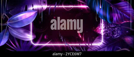 Tropic summer party banner template. Vector realistic illustration of neon light rectangle and exotic rainforest plants on black background, palm tree and monstera leaves, nightclub disco poster Stock Vector