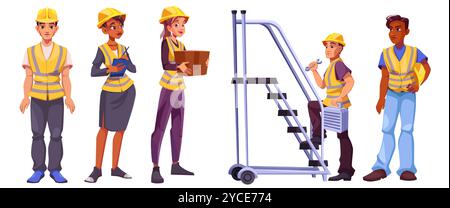 Construction team wearing yellow safety vests and helmets. Cartoon vector set of diverse men and women during various tasks - holding clipboard, carrying box, working with tools, holding hard hat. Stock Vector