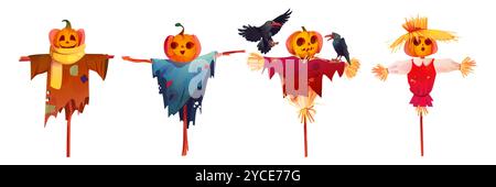 Pumpkin scarecrows set isolated on white background. Vector cartoon illustration of spooky farm doll made of wooden stick, straw and old patched clothes, crows sitting on Halloween garden decoration Stock Vector