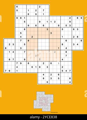 Windmill Sudoku, five overlapping sudoku puzzles. Rotational symmetry 90°. 92 clues. Moderate. MK II. Vector. Stock Vector