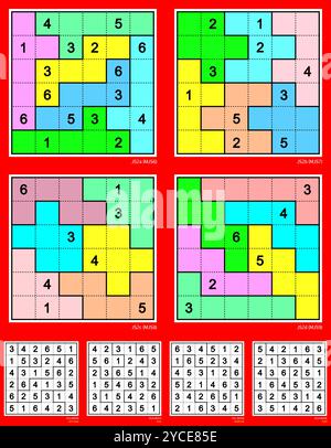 Jigsaw Mini-Sudoku vector set. Symmetrical. Very easy, easy, moderate & hard. 16, 10, 8, 6 clues. MK II. Stock Vector