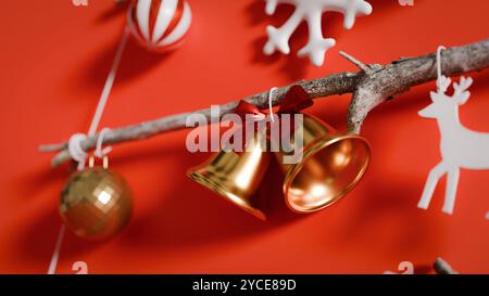 Various Christmas decorations hung on a red background.3d rendering Stock Photo