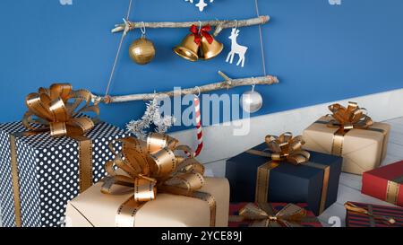 A tree-shaped Christmas decoration hangs on a blue wall, with several gift boxes in front. 3d rendering Stock Photo