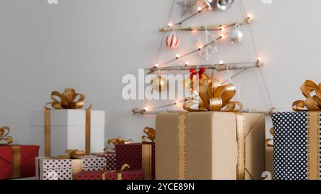 A tree-shaped Christmas decoration hangs on a white wall, with several gift boxes in front.3d rendering Stock Photo