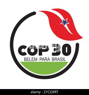 COP30 logo representing the climate conference in Belem, Para, Brazil. Features green, red leaf symbolizing sustainability and climate action. Stock Vector