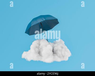 Blue umbrella above white cloud on blue isolated background. 3d rendering Stock Photo