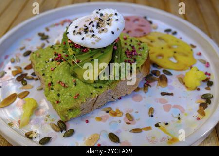 Avocado bread with egg, Breakfast, Food, Barcelona, Catalonia, Spain, Europe Stock Photo