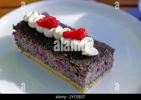 Poppy seed cake, coffee and cake, cake, food, Cafe Liebelei, Bairawies, Toelzer Land, Upper Bavaria, Bavaria, Germany, Europe Stock Photo