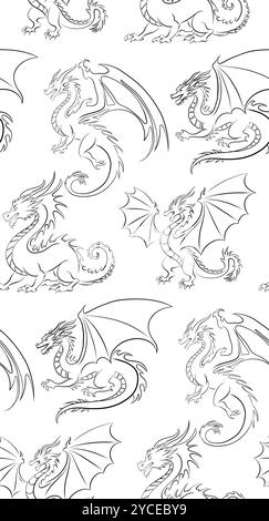 Vector seamless pattern with contour dragons. Texture of black outline dragon with wings on white background. Background with mythological fairy tale Stock Vector