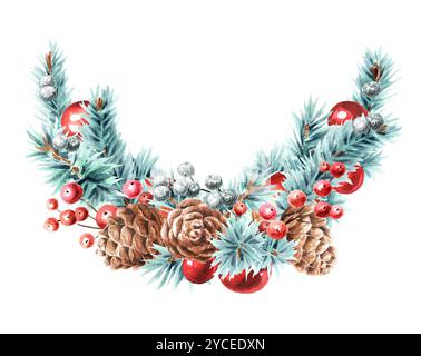 Christmas wreath made of branches of blue spruce and Nw Year's tree decorations. Watercolor real hand drawn illustration isolated on white background Stock Photo