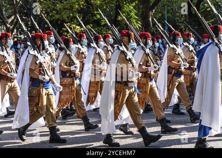 Madrid, Spain, October 12, 2021: Soldiers during Spanish National Day Army Parade in Madrid. Regulares troops ready to march, Europe Stock Photo