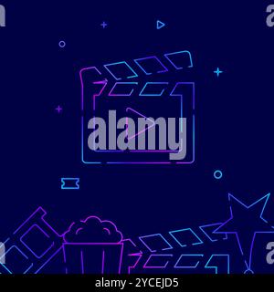 Cinema clapperboard gradient line vector icon, simple illustration on a dark blue background, cinema related bottom border. Stock Vector