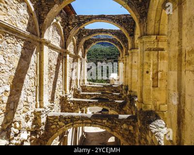 Aerial view of the ruins of an ancient abandoned monastery in Santa Maria de rioseco, Burgos Stock Photo