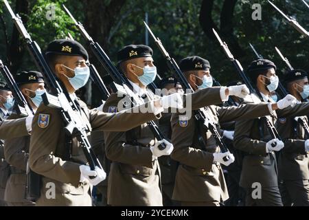 Madrid, Spain, October 12, 2021: Soldiers during Spanish National Day Army Parade in Madrid. Several troops take part in the parade, Europe Stock Photo