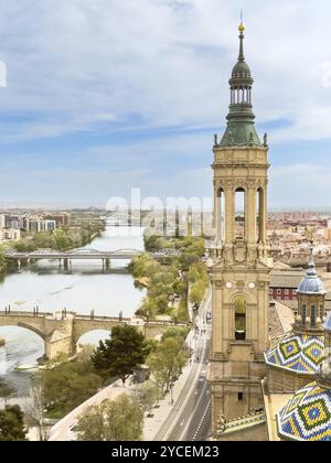 Aerial cityscape view of basilica of Our Lady in Zaragoza city in Spain Stock Photo