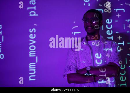 Portrait of Person Encoded with Programming Projection Stock Photo