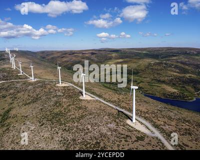 Aerial view of wind turbines for power generation. Concept eco clean energy production. Renewable energy Stock Photo