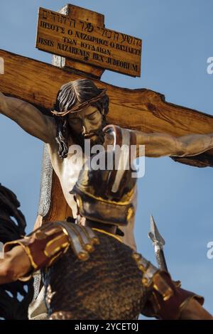 Zamora, Spain, April 7, 2023: Polychrome wood sculptural ensemble representing the crucifixion of Jesus accompanied by Mary, the thieves and the soldi Stock Photo