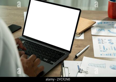 young man working Businessman using a desktop computer of the blank screen Stock Photo