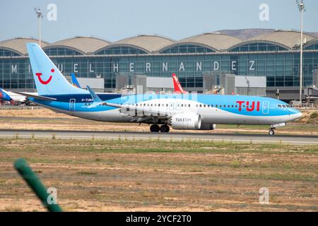 Alicante airport. TUI airline Boeing 737 MAX airliner landing. Stock Photo