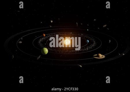 A close up of the solar system with the sun in the center Stock Photo