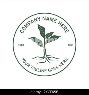 Retro vintage logo featuring an illustration of a plant with strong roots inside a circle, This design is suitable for agricultural, environmental bus Stock Vector