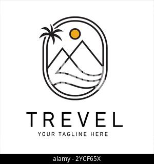 Minimalist logo with illustration of mountain, sun and palm tree, representing travel, adventure suitable for travel company, travel agent Stock Vector