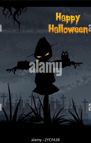 illustration of halloween scarecrow standing at dark night Stock Photo