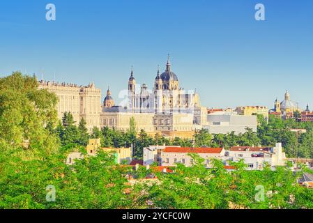 Panorama view on Royal Palace (Palacio Real) in the capital of Spain - beautiful city Madrid from a bird's eye view. Spain. Stock Photo