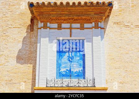 Mosaic - ceramic panels from colored tiles on the walls of houses in Valencia. Sapin. Stock Photo