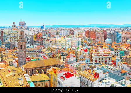 Panoramic view on squares, buildings, streets of Valencia,on the east coast of Spain, is the capital of the autonomous community of Valencia and the t Stock Photo