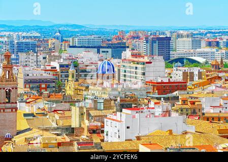 Panoramic view on squares, buildings, streets of Valencia,on the east coast of Spain, is the capital of the autonomous community of Valencia and the t Stock Photo