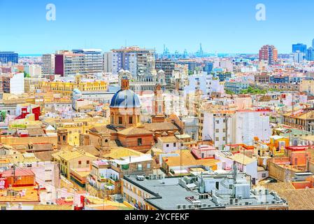 Panoramic view on squares, buildings, streets of Valencia,on the east coast of Spain, is the capital of the autonomous community of Valencia and the t Stock Photo