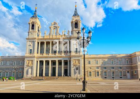 Madrid, Spain - June 04, 2017 : Almudena Cathedral (Catedral de Santa Maria la Real de la Almudena) on the other side of the Royal Palace in Madrid. S Stock Photo