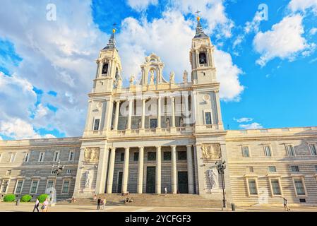 Madrid, Spain - June 04, 2017 : Almudena Cathedral (Catedral de Santa Maria la Real de la Almudena)on the other side of the Royal Palace in Madrid. Sp Stock Photo