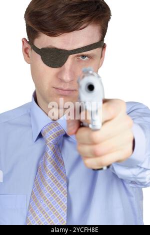 One-eyed robber threatens us with a pistol on white background Stock Photo