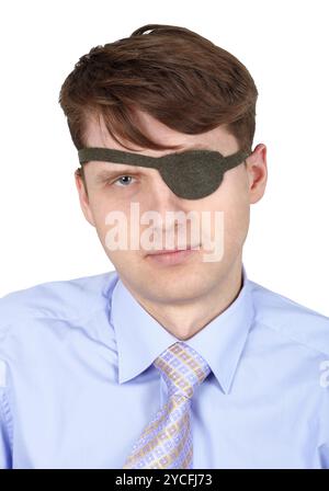 Serious one-eyed man isolated on white Stock Photo