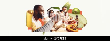 Thanksgiving family dinner celebration with wine and variety of festive dishes. Contemporary art collage. Stock Photo