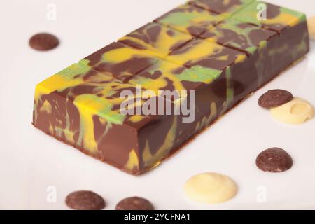 Dubai chocolate with pistachio paste and kataifi dough. Confectionery and sweets. Stock Photo
