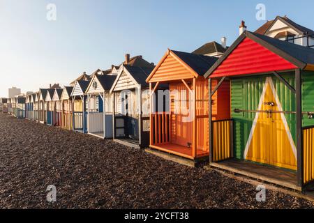 England, Kent, Herne Bay, Colourful Beach Huts Stock Photo