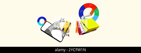 Banner. Contemporary art collage. Close-up of hands holding shopping bags and pie chart against pastel background. Stock Photo