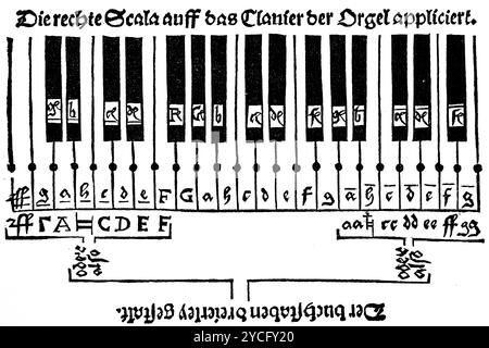 Fingerboard for organists written by Agricola in his 'Musica instrumentalis' (1532) musical notation, history of German music, Illustration 1892 Stock Photo